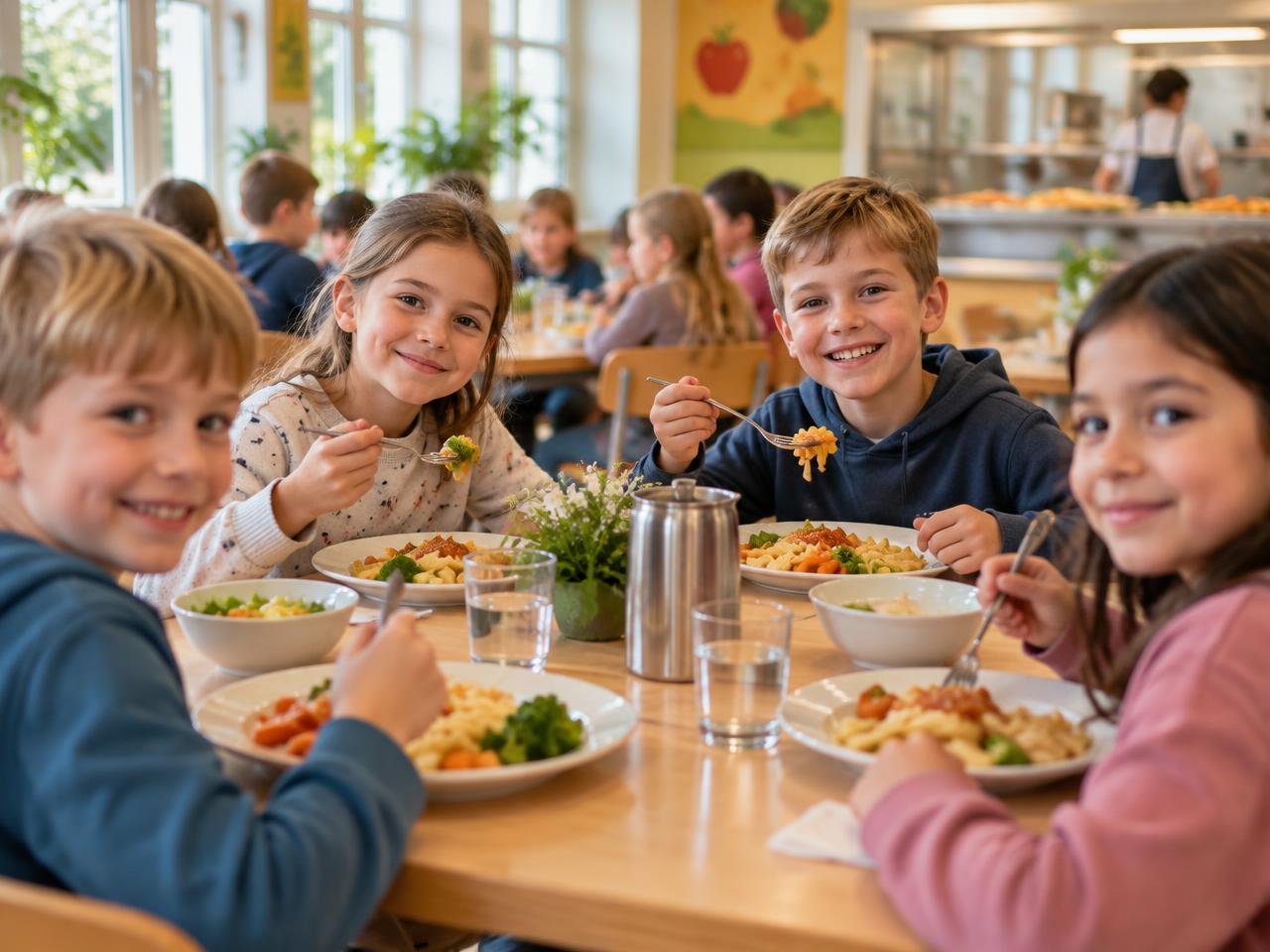 Schulkinder beim gemeinsamen Mittagessen in der Mensa